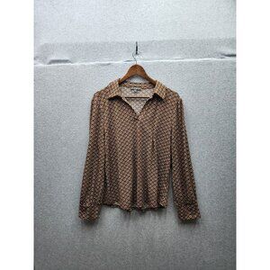 Adrianna Papell Womens Geometric Print Long Sleeve Blouse L Brown & Ivory Polyes